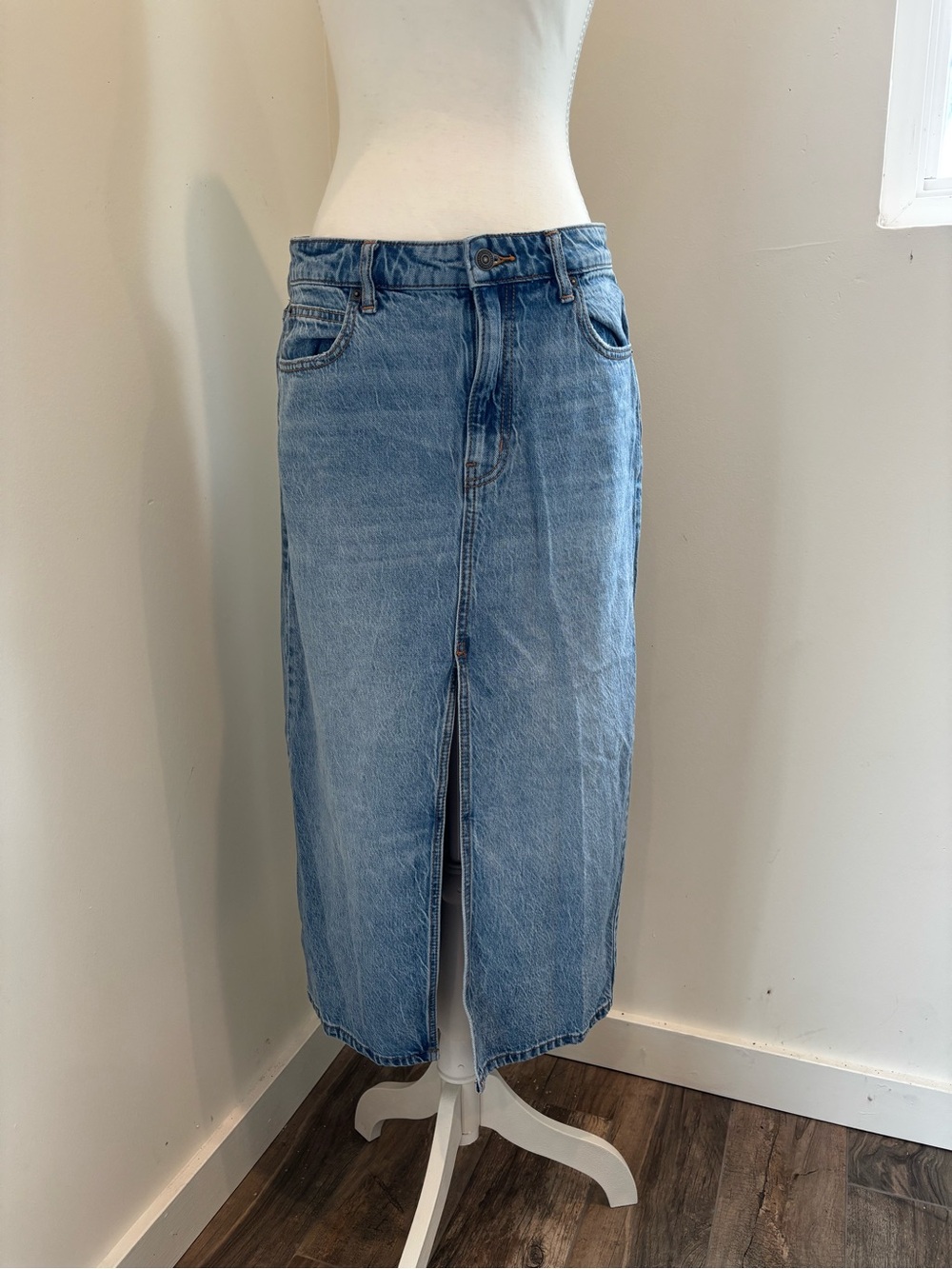 We The Free Light Blue Denim Maxi Skirt with Front Slit